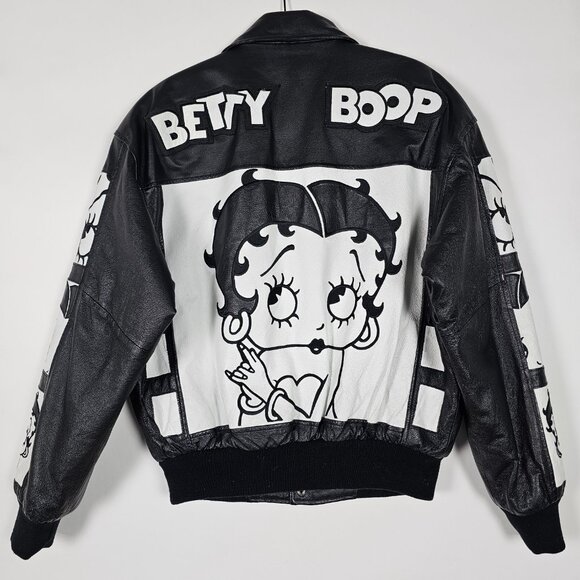 Vintage Y2K American Toons Betty Boop Mens Small Black Leather Bomber Jacket - Picture 2 of 14